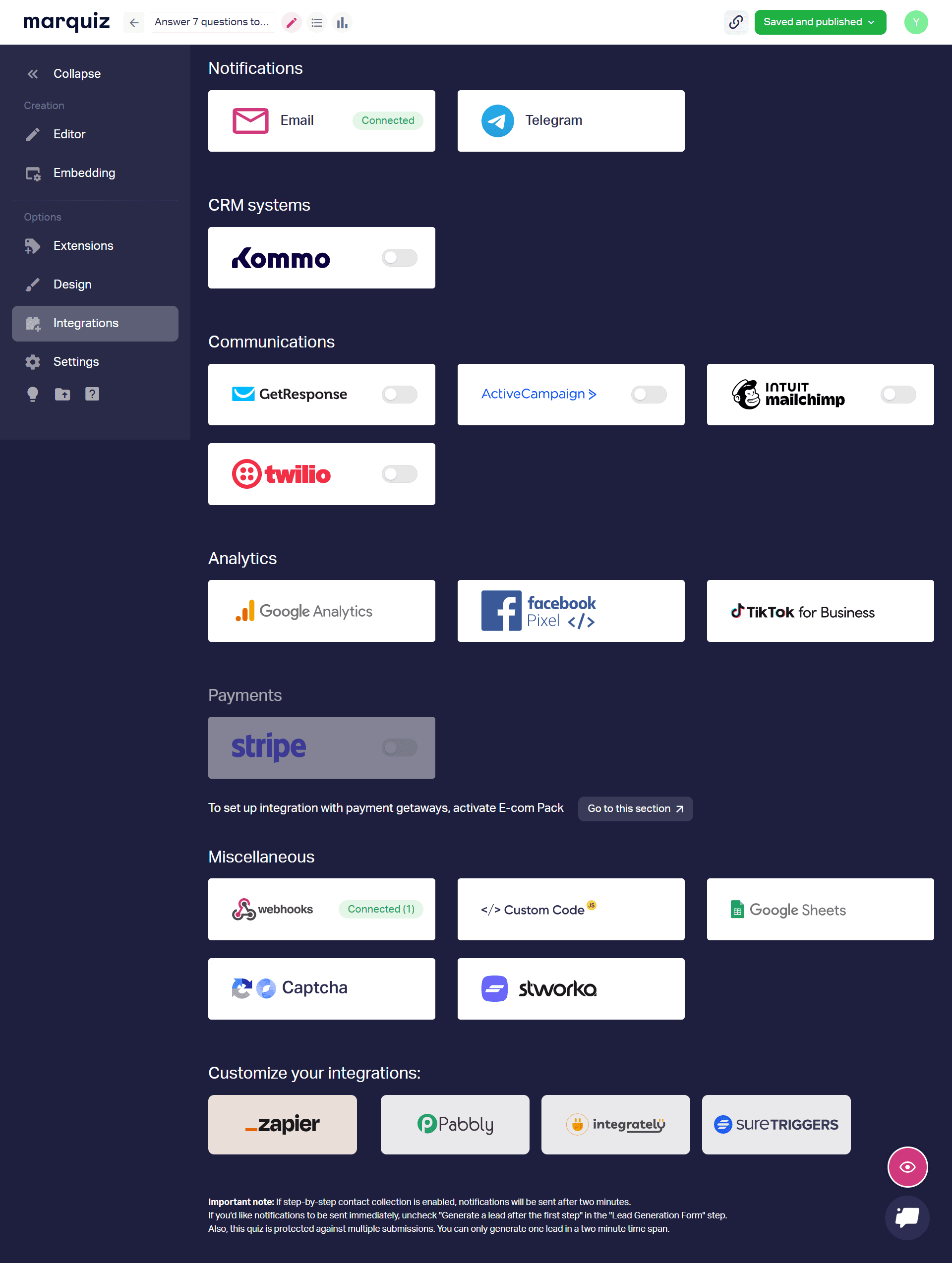 Marquiz integrations page showing connected webhooks and Google Sheets options