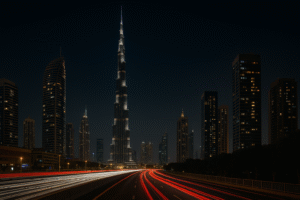 Night view of Dubai skyline featuring the Burj Khalifa and illuminated skyscrapers with light trails from cars on the highway