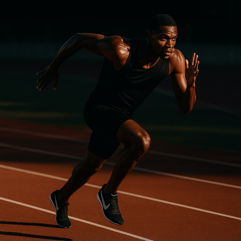 Male athlete sprinting on track in performance sportswear, showcasing strength, speed, and focus.