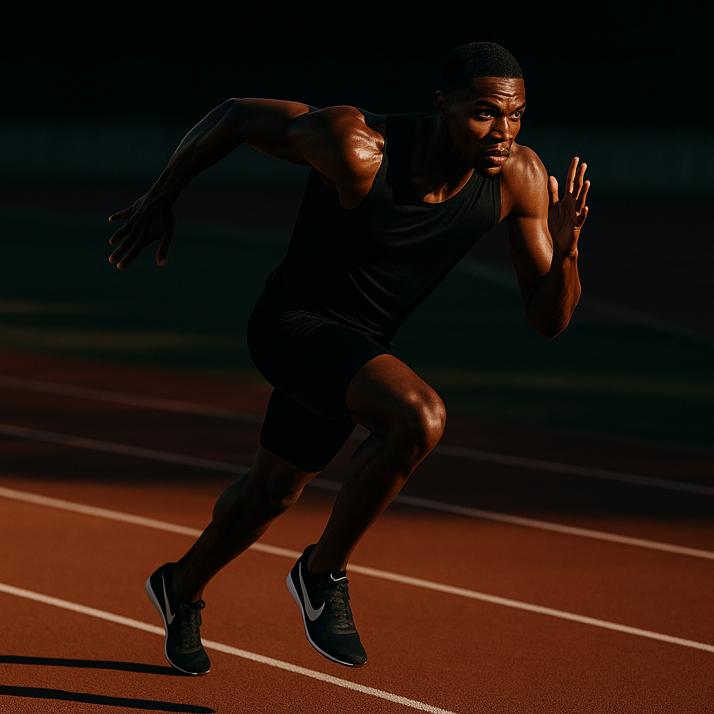 Male athlete sprinting on track in performance sportswear, showcasing strength, speed, and focus.