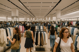 Interior of a busy Zara store with many people browsing clothing racks in a large, well-lit department store