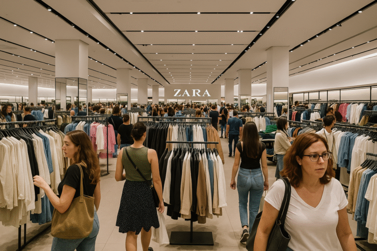 Interior of a busy Zara store with many people browsing clothing racks in a large, well-lit department store