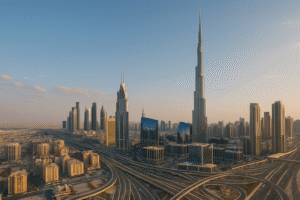 Dubai skyline at sunset with Burj Khalifa and modern skyscrapers, symbolizing real estate growth and innovation.