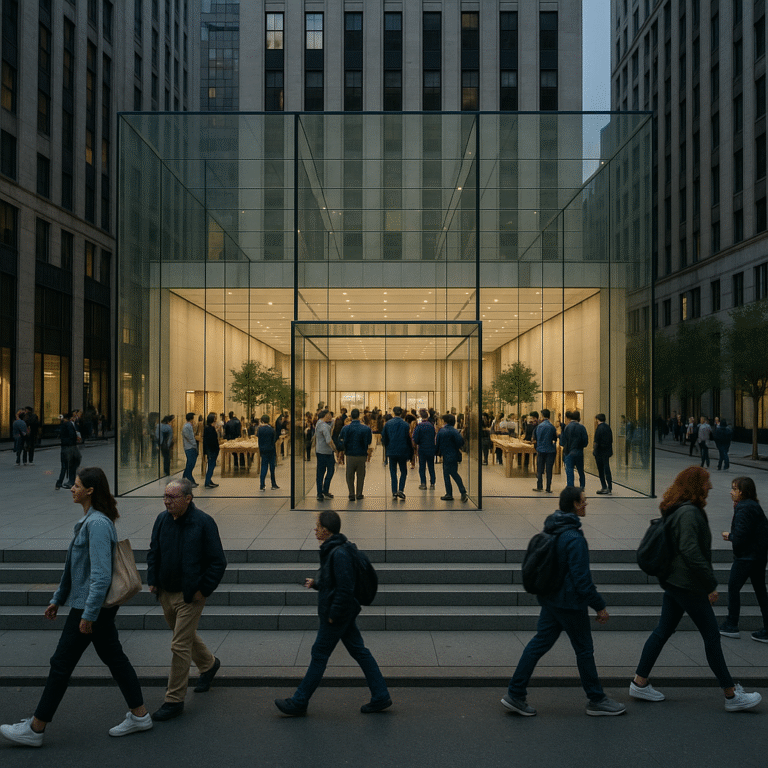 Modern Apple-style retail shop in New York City, featuring sleek glass architecture, open interiors, and urban pedestrians.