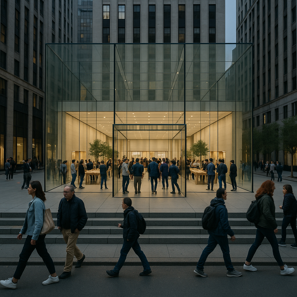 Modern Apple-style retail shop in New York City, featuring sleek glass architecture, open interiors, and urban pedestrians.